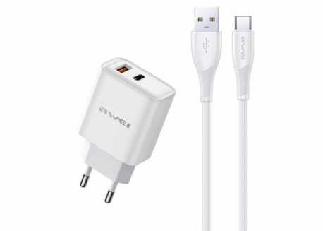 Nabíjecí adaptér s kabelem USB-C Awei PD81T-EU 22,5W, bílá
